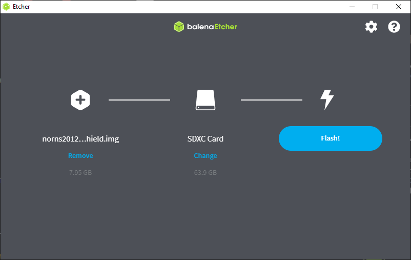 Screenshot showing the settings used to flash in the balenaEtcher program