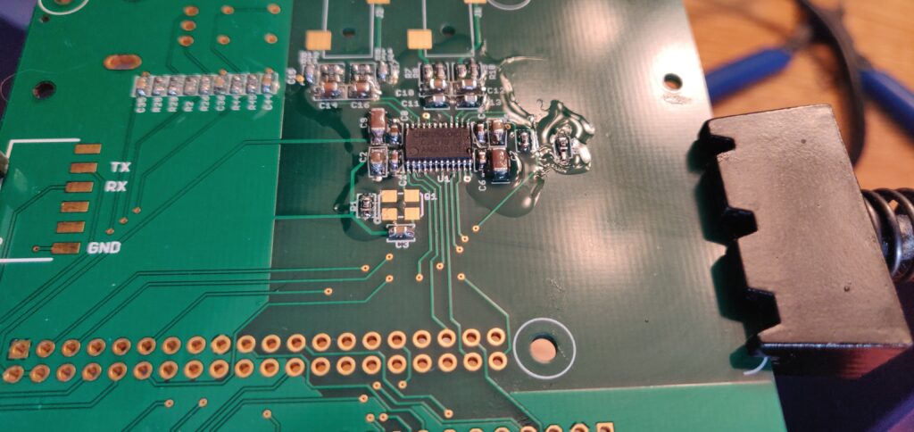 A shot of the PCB showing many of the smaller componenets soldered