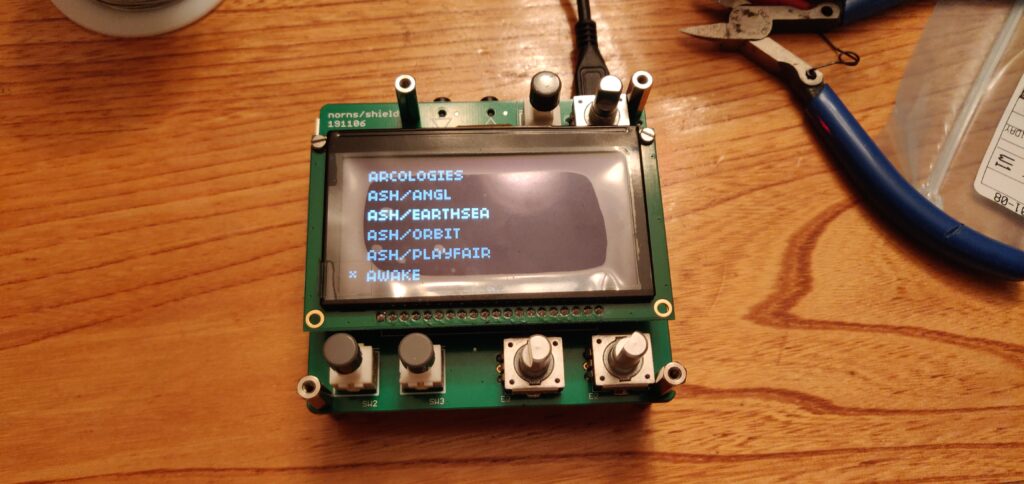 An image showing the Norns Shield working as expected with output on the screen
